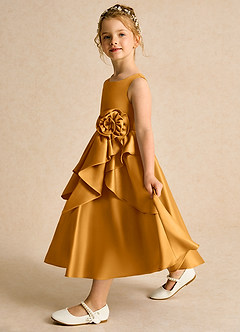 Azazie Hermia Robe Demoiselle D'honneur Fillette Robe Trapèze en Mat Satiné Sans manches Caramel écossais image4