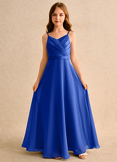 Azazie Umina Girls Formal Flower Girl Dresses Royal Blue A-Line Pleated Matte Satin Dress image4