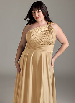 Azazie Charlize Bridesmaid Dresses Gold A-Line One Shoulder Stretch Satin Dress image6