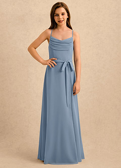 Azazie Jasslyn Girls Formal Robe Demoiselle D'honneur Fillette Robe Trapèze en Mousseline de soie Plissée Bleu Poussiéreux image4