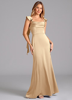 Azazie Adi Bridesmaid Dresses Champagne A-Line Pleated Stretch Satin Dress image5