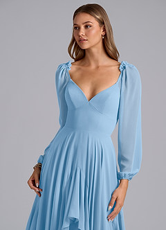 Azazie Karan Bridesmaid Dresses Powder Blue A-Line Long Sleeve Chiffon Dress image6