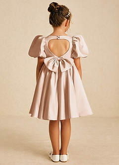 Azazie Muffin Flower Girl Dresses English Rose A-Line with Sleeves Matte Satin Dress image1