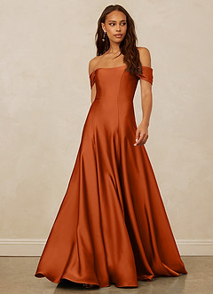 Christian Siriano Bridal for Azazie 1002 Bridesmaid Dresses Burnt Orange A-Line Off the Shoulder Stretch Satin Convertible Dress image1