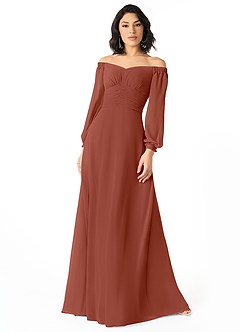 Azazie Rubina laatste Uitverkoop Jurk van Chiffon met A-Lijn Lange mouw Kastanjebruin image1