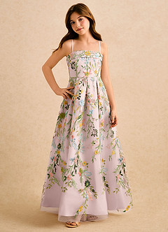 Azazie Lark Girls Formal Robe Demoiselle D'honneur Fillette Robe Trapèze en Dentelle Plissé Rose Pâle image6