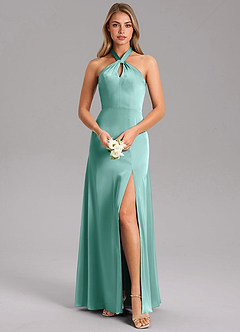Azazie Tracie Bridesmaid Dresses Aqua A-Line Side Slit Stretch Satin Dress image1
