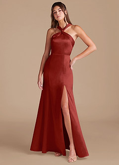 Azazie Rue Bridesmaid Dresses Rust Sheath Pleated Metallic Satin Dress image3
