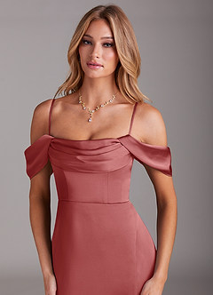 Azazie Saige Suknie dla druhen Osłona Zza ramienia Satyna elastyczna Do ziemi Sukienka image2