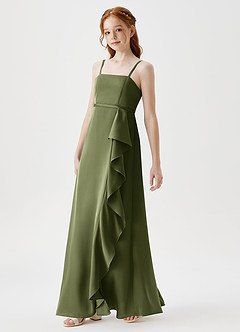 Azazie Kaylee Junior Olive A-Line with Belt Stretch Satin Dress image4