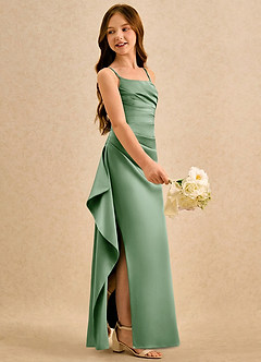 Azazie Cannoli Girls Formal Robe Demoiselle D'honneur Fillette Robe Trapèze en Mat Satiné Plissée Matcha image4