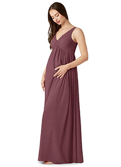 Azazie Yetta Maternity Bridesmaid Dresses A-Line V-Neck Gathered Chiffon Floor-Length Dress image4
