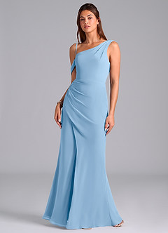 Azazie Madelyn Jurken voor bruidsmeisjes Converteerbaar Jurk van Chiffon met Zeemeermin One-Shoulder Poederblauw image4