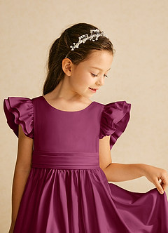 Azazie Piglette Flower Girl Dresses Mulberry A-Line Bow Matte Satin Dress image3