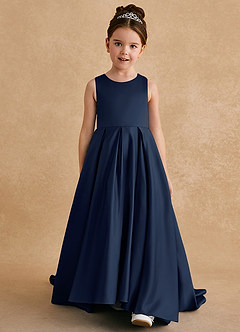 Azazie Sammy Flower Girl Dresses Dark Navy A-Line Lace Matte Satin Dress image2