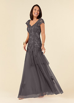 Azazie Romy Mother of the Bride Dresses Steel Grey Mermaid V-Neck Sequins Tulle Dress image2
