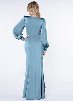 Azazie Raye Bridesmaid Dresses Steel Blue Mermaid Long Sleeve Stretch Satin Dress image2