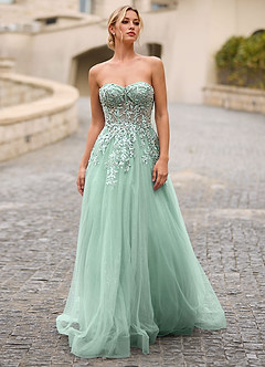 Celeste Light Green Rhinestone Sheer Lace Prom Dress image3
