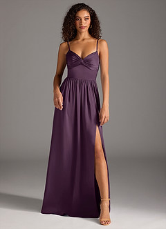 Azazie Zeya Bridesmaid Dresses Plum A-Line Pleated Stretch Satin Dress image2