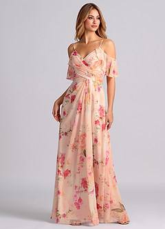 Azazie Dakota Bridesmaid Dresses Abstract Bouquet Floral A-Line V-Neck Pleated Chiffon Dress image4