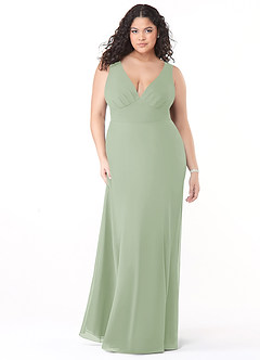 Azazie Christiana At-home Try On Dresses Dusty Blue A-Line V-Neck Pleated Chiffon Dress image9