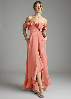 Azazie Lyra Bridesmaid Dresses Coral A-Line Off the Shoulder Stretch Satin Convertible Dress image1