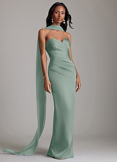 Azazie Sonora Vestidos de damas de honor Vestido de Salvia Plateada de Satén Elástico de Corte Recto con Sin tirantes image9