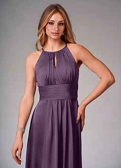 Azazie Bonnie Bridesmaid Dresses Plum A-Line Pleated Stretch Satin Dress image5