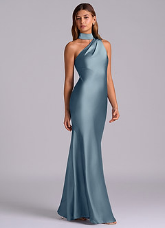 Azazie Seona Robes de demoiselle d'honneur Robe Sirène en Satin extensible Une épaule Bleu Poussiéreux image5