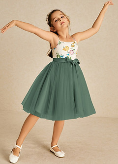 Azazie Jollie Jurken voor bloemenmeisjes A-Lijn Jurk van Tule Spaghetti Bandje Eucalyptus image1