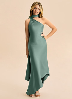 Azazie Briony Junior Eucalyptus Sheath Pleated Stretch Satin Dress image3