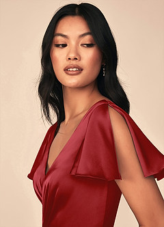 Azazie Soren Bridesmaid Dresses Pomegranate A-Line Pleated Stretch Satin Dress image6