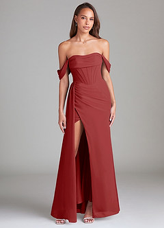 Azazie Amyra Bridesmaid Dresses Rust Sheath Off the Shoulder Chiffon Convertible Dress image1