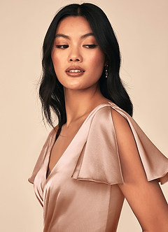Azazie Soren Bridesmaid Dresses Rose Gold A-Line Pleated Stretch Satin Dress image6