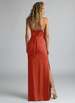 Azazie Mai Bridesmaid Dresses Rust Sheath Pleated Stretch Satin Dress image2