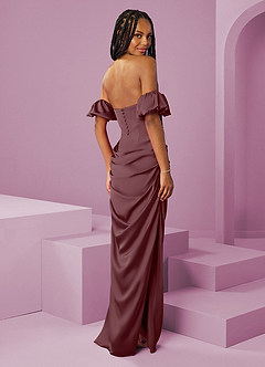 Barbie ♥ Azazie Bridesmaid Dresses Sangria Sheath Off the Shoulder Stretch Satin Convertible Dress image2