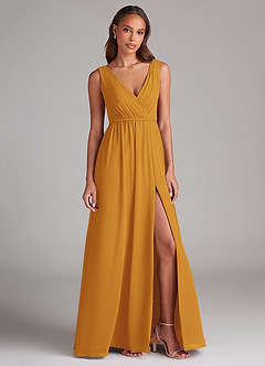 Azazie Tanicia Bridesmaid Dresses Butterscotch A-Line Pleated Chiffon Dress image4