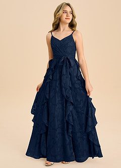 Azazie Peyton Junior Dark Navy A-Line Pleated Floral Burnout Dress image4