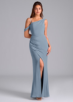 Azazie Madelyn Bridesmaid Dresses Dusty Blue Mermaid Off the Shoulder Chiffon Convertible Dress image3