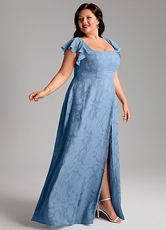 Azazie Bondi Vestidos de damas de honor Vestido de Azul Acero de Devorado Floral de Corte en A con Corte Lateral image9