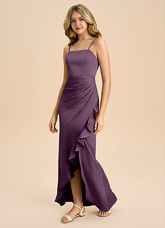 Azazie Buzzy Junior 쉬스 주름진 스트레치 새틴 플로어 길이 주니어 신부 들러리 드레스 image7