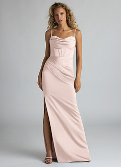 Azazie Mai Bridesmaid Dresses Blushing Pink Sheath Pleated Stretch Satin Dress image1