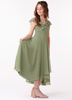 Azazie Posie Junior Vestido de Verde Oscuro de Gasa de Corte En A con Volante image3
