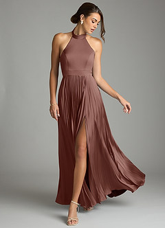 Azazie Zienna 신부 들러리 드레스 A라인 주름진 스트레치 새틴 바닥 길이 드레스 image3