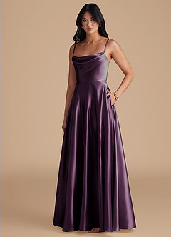 Azazie Elle Brautjungfernkleider A-Linie mit Taschen Metallischer Satin Kleid Pflaume image1