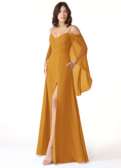 Azazie Cienna Bridesmaid Dresses Butterscotch A-Line Off the Shoulder Chiffon Dress image4
