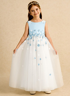 Azazie Eleni Flower Girl Dresses Ivory Sky Blue Ball-Gown Bow Tulle Dress image4