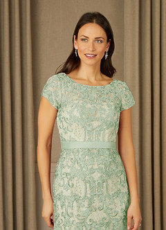 Azazie Dorit Mother of the Bride Dresses Dusty Sage Champagne Sheath Scoop Lace Dress image5