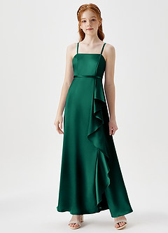 Azazie Kaylee Junior Emerald A-Line with Belt Metallic Satin Dress image1