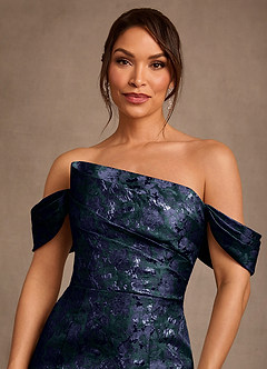 Azazie Nettie Mother of the Bride Dresses Dark Navy Mermaid Off the Shoulder Jacquard Dress image4